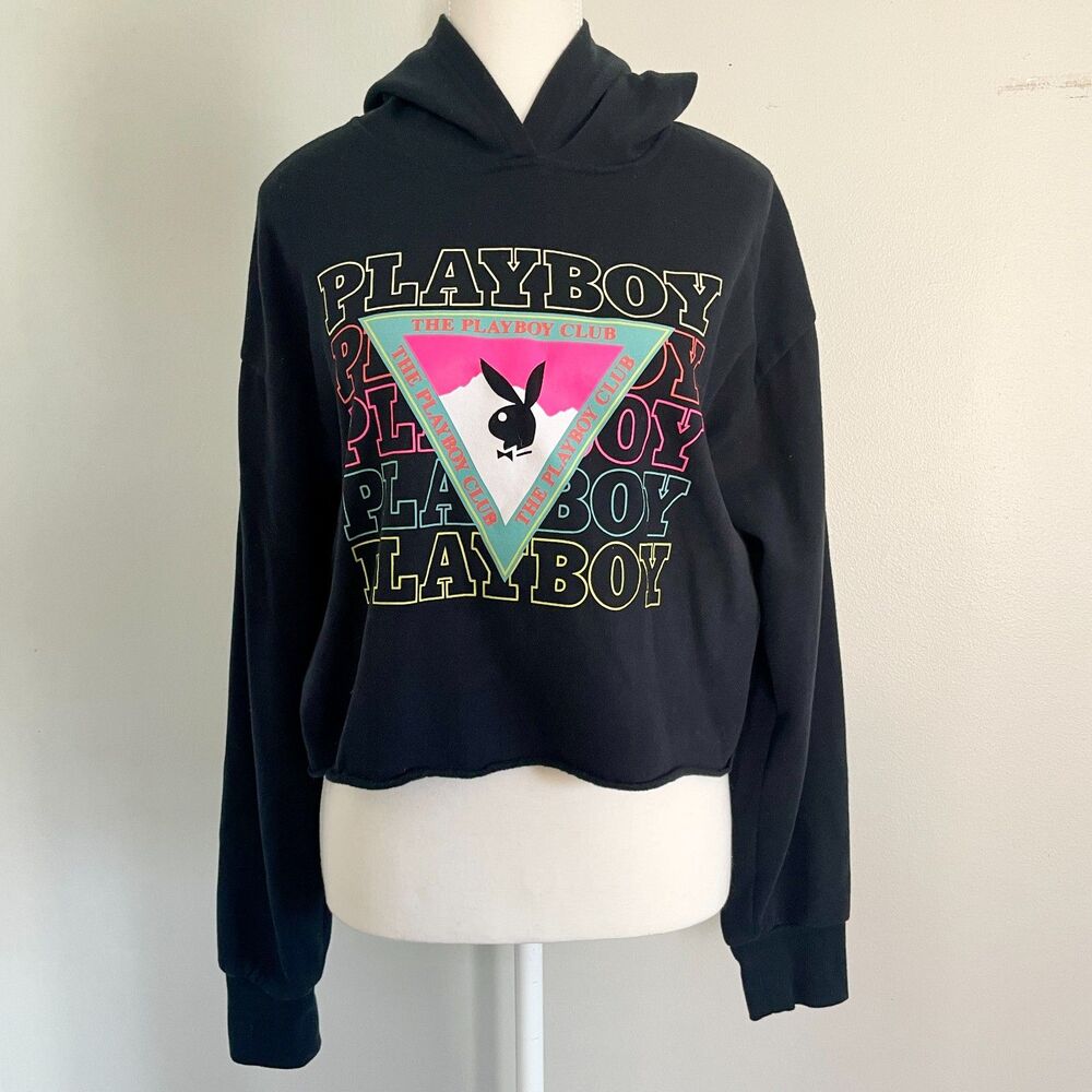 Playboy '80s Bunny Rainbow Hoodie by Pacsun in Black Size M Cropped Sweatshirt